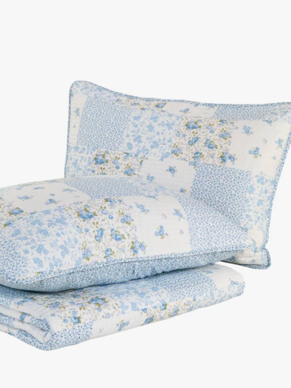Laura Ashley Kenna Patchwork Blue Floral Cotton Quilted Pillow Sham Set 2pc